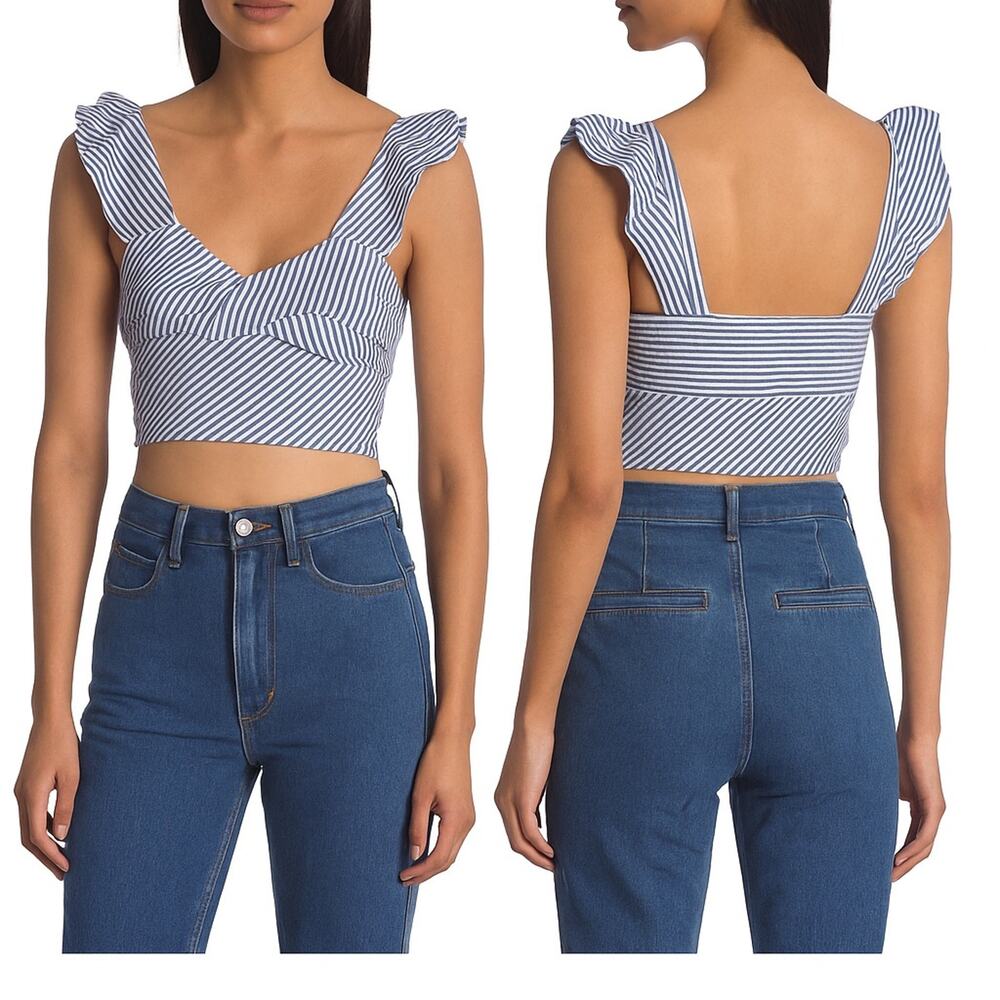 NWT Rachel Roy Collection Esta Stripe Twist Crop Top Blue White Ruffle Sleeve Si